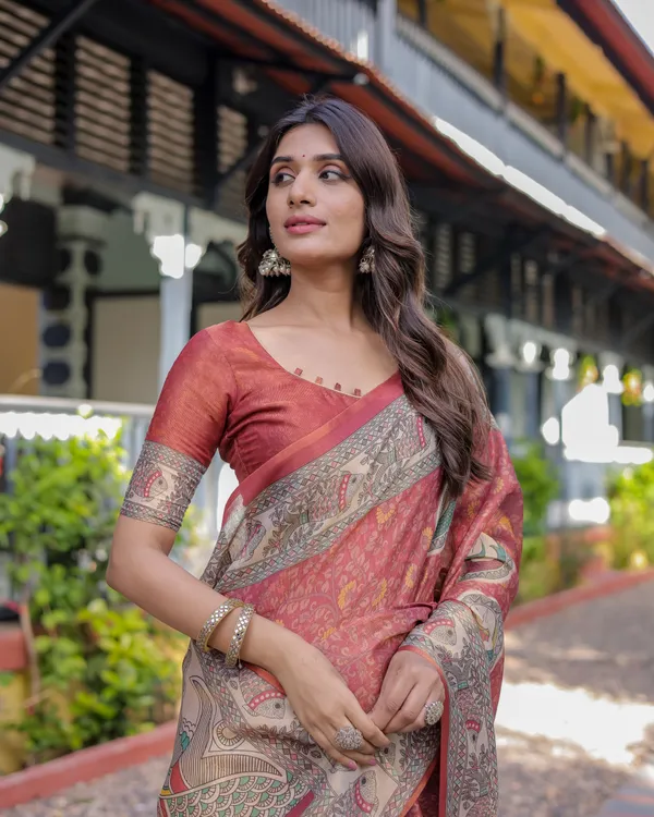 Rust_Red_Madhubani_Fish_Art_Pure_Handloom_Cotton_Saree_with_Contrast_Blouse_&_Tassels