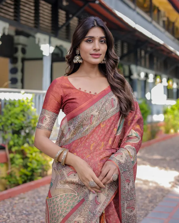 Rust_Red_Madhubani_Fish_Art_Pure_Handloom_Cotton_Saree_with_Contrast_Blouse_&_Tassels