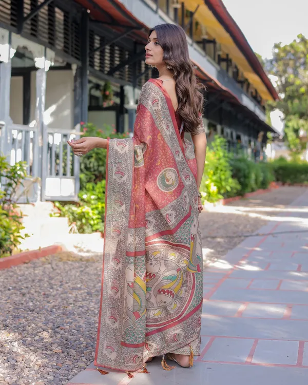 Rust_Red_Madhubani_Fish_Art_Pure_Handloom_Cotton_Saree_with_Contrast_Blouse_&_Tassels