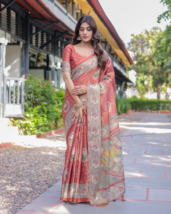 Rust_Red_Madhubani_Fish_Art_Pure_Handloom_Cotton_Saree_with_Contrast_Blouse_&_Tassels