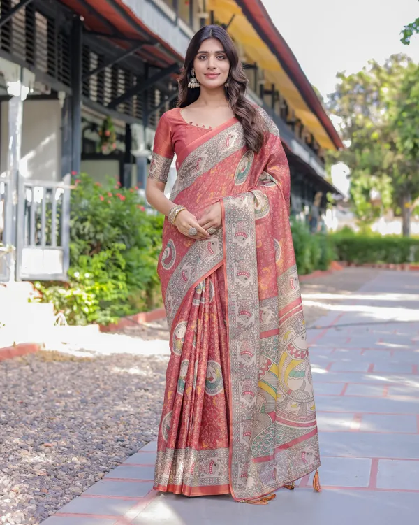 Rust_Red_Madhubani_Fish_Art_Pure_Handloom_Cotton_Saree_with_Contrast_Blouse_&_Tassels
