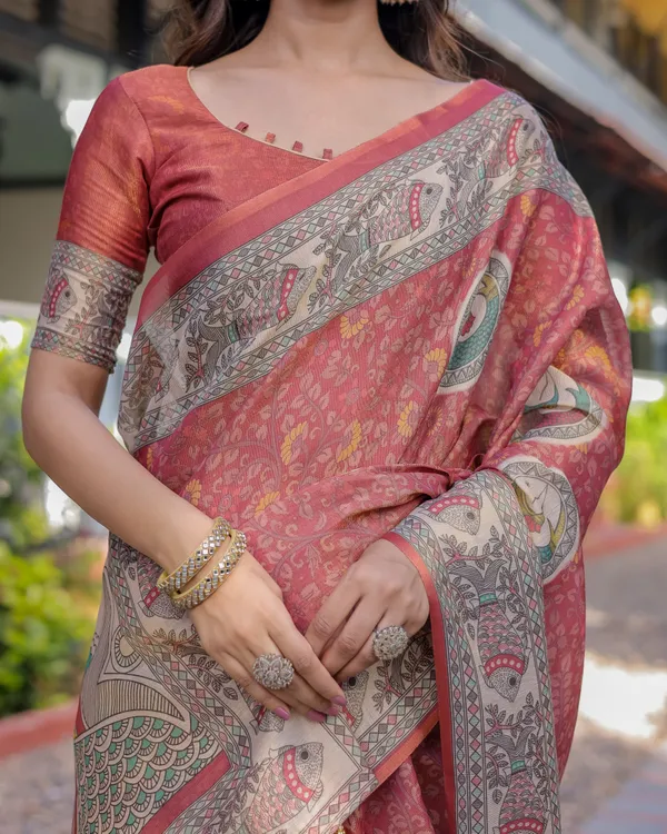 Rust_Red_Madhubani_Fish_Art_Pure_Handloom_Cotton_Saree_with_Contrast_Blouse_&_Tassels