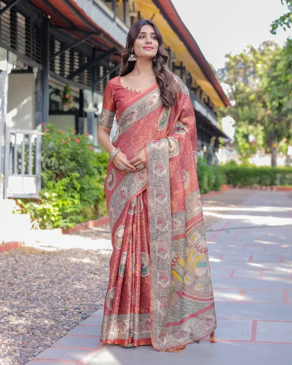 Rust_Red_Madhubani_Fish_Art_Pure_Handloom_Cotton_Saree_with_Contrast_Blouse_&_Tassels