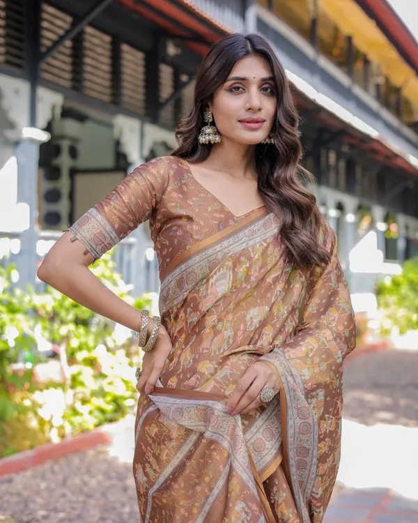Royal_Brown_Procession_Print_Handloom_Cotton_Saree_with_Illustrated_Pallu_&_Blouse