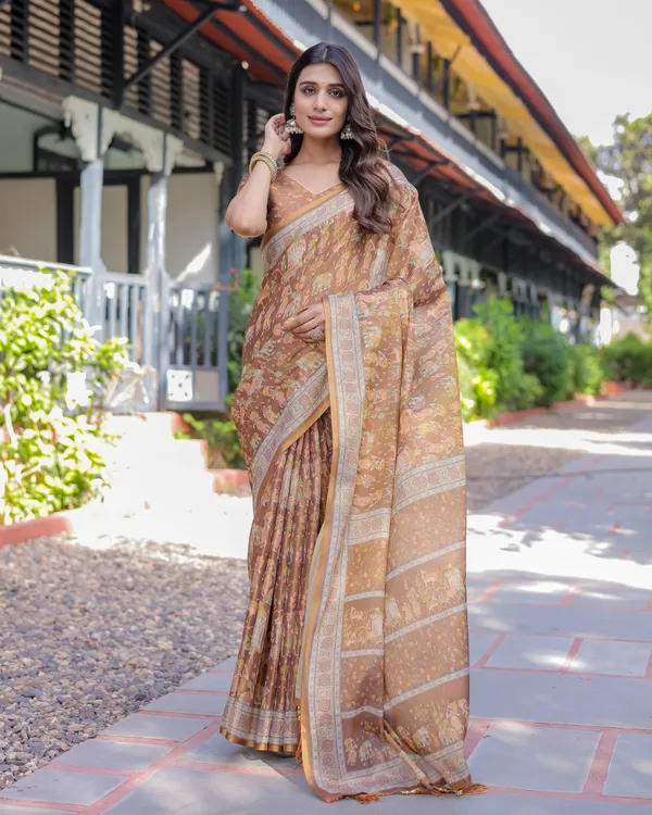 Royal_Brown_Procession_Print_Handloom_Cotton_Saree_with_Illustrated_Pallu_&_Blouse