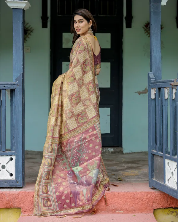 Cream_&_Maroon_Handloom_Cotton_Saree_with_Deer_Pallu_and_Blocked_Peacock_Motifs