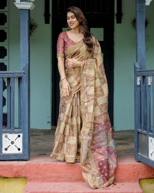 Cream_&_Maroon_Handloom_Cotton_Saree_with_Deer_Pallu_and_Blocked_Peacock_Motifs