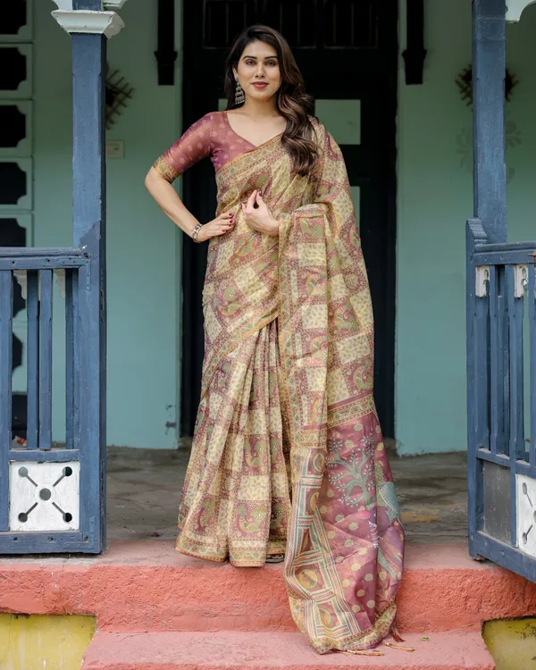 Cream_&_Maroon_Handloom_Cotton_Saree_with_Deer_Pallu_and_Blocked_Peacock_Motifs