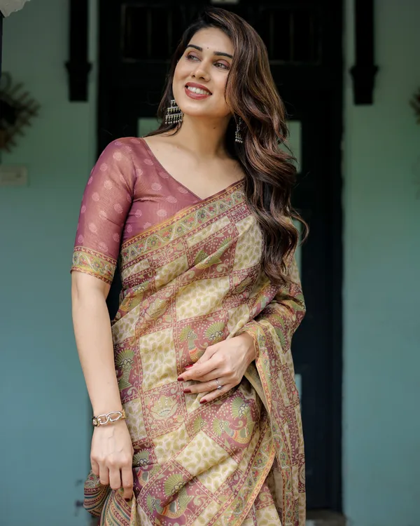 Cream_&_Maroon_Handloom_Cotton_Saree_with_Deer_Pallu_and_Blocked_Peacock_Motifs
