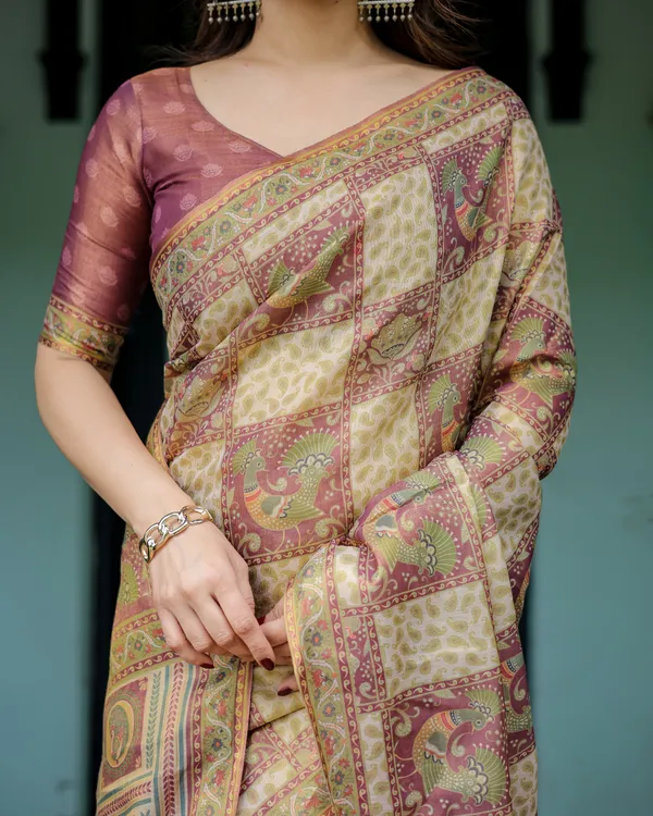 Cream_&_Maroon_Handloom_Cotton_Saree_with_Deer_Pallu_and_Blocked_Peacock_Motifs