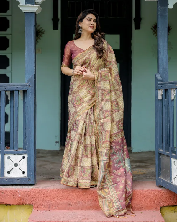 Cream_&_Maroon_Handloom_Cotton_Saree_with_Deer_Pallu_and_Blocked_Peacock_Motifs
