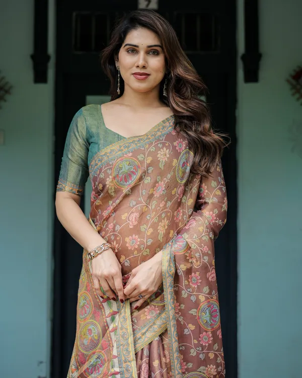 Rust_Red_Handloom_Cotton_Saree_with_Madhubani_Fish_Art_&_Floral_Motifs_–_Contrast_Blouse