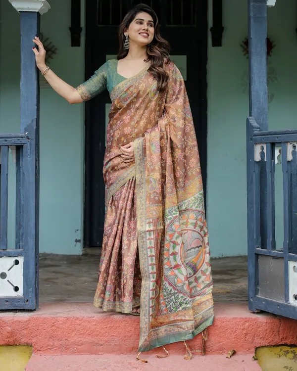 Rust_Red_Handloom_Cotton_Saree_with_Madhubani_Fish_Art_&_Floral_Motifs_–_Contrast_Blouse