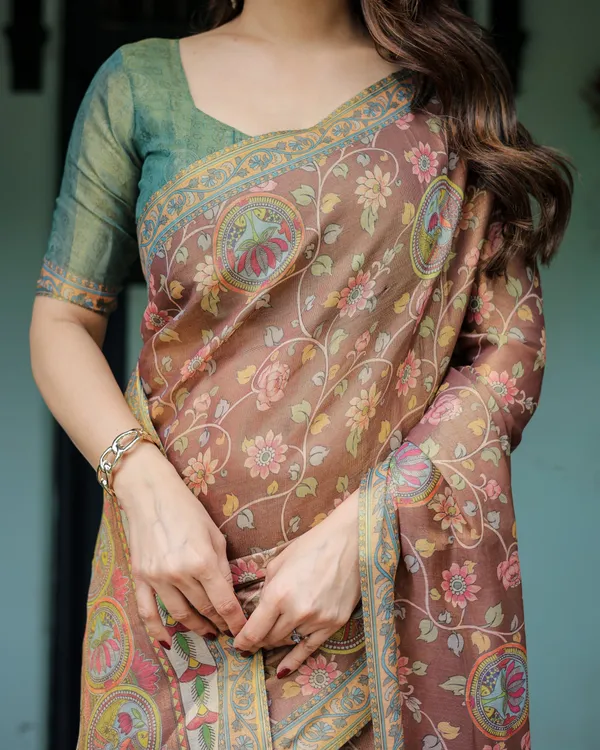 Rust_Red_Handloom_Cotton_Saree_with_Madhubani_Fish_Art_&_Floral_Motifs_–_Contrast_Blouse