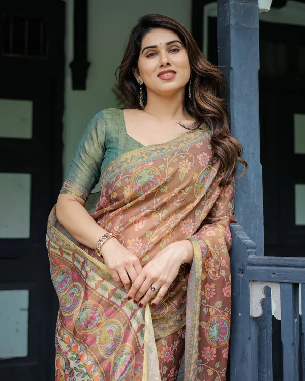 Rust_Red_Handloom_Cotton_Saree_with_Madhubani_Fish_Art_&_Floral_Motifs_–_Contrast_Blouse