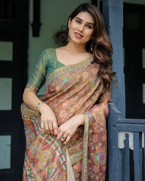 Rust_Red_Handloom_Cotton_Saree_with_Madhubani_Fish_Art_&_Floral_Motifs_–_Contrast_Blouse
