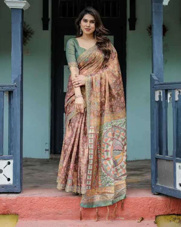 Rust_Red_Handloom_Cotton_Saree_with_Madhubani_Fish_Art_&_Floral_Motifs_–_Contrast_Blouse