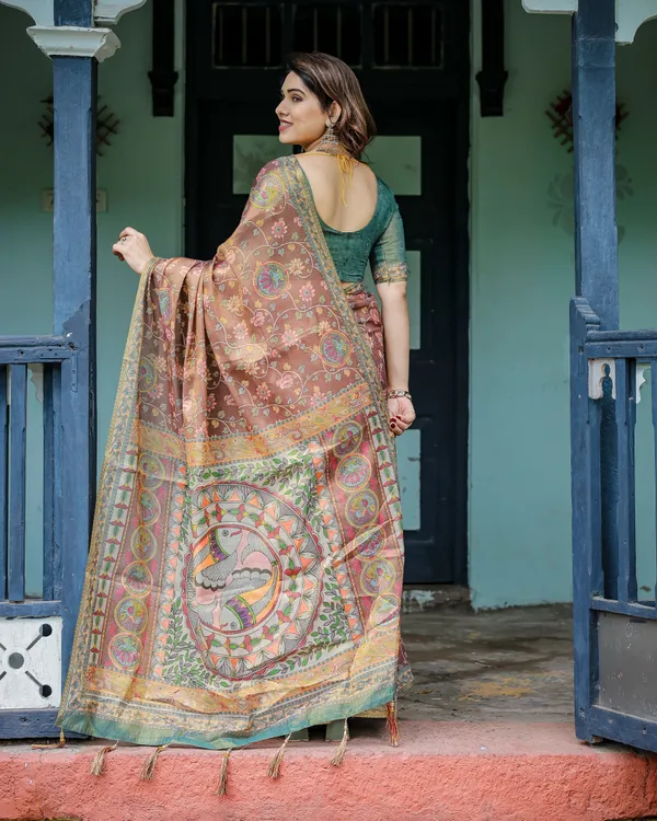 Rust_Red_Handloom_Cotton_Saree_with_Madhubani_Fish_Art_&_Floral_Motifs_–_Contrast_Blouse