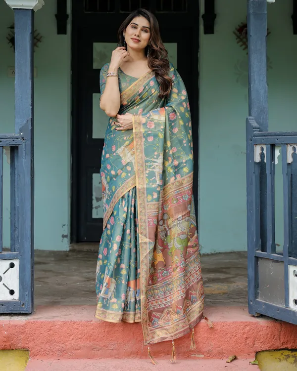 Divine_Procession_Teal_Green_Handloom_Cotton_Saree_with_Lotus_Floral_Print_&_Artistic_Pallu