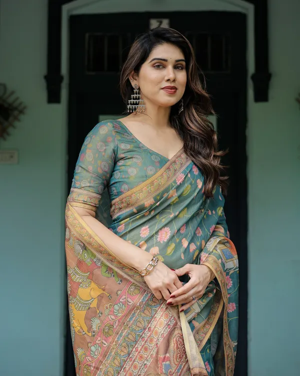 Divine_Procession_Teal_Green_Handloom_Cotton_Saree_with_Lotus_Floral_Print_&_Artistic_Pallu