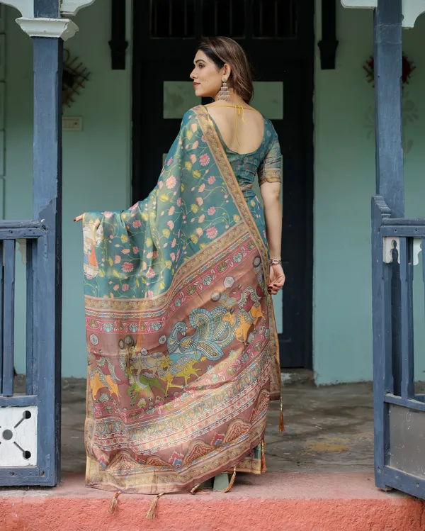 Divine_Procession_Teal_Green_Handloom_Cotton_Saree_with_Lotus_Floral_Print_&_Artistic_Pallu