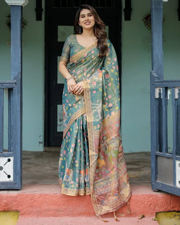 Divine_Procession_Teal_Green_Handloom_Cotton_Saree_with_Lotus_Floral_Print_&_Artistic_Pallu