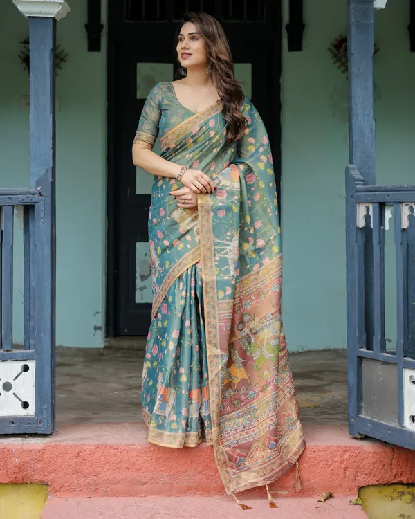 Divine_Procession_Teal_Green_Handloom_Cotton_Saree_with_Lotus_Floral_Print_&_Artistic_Pallu