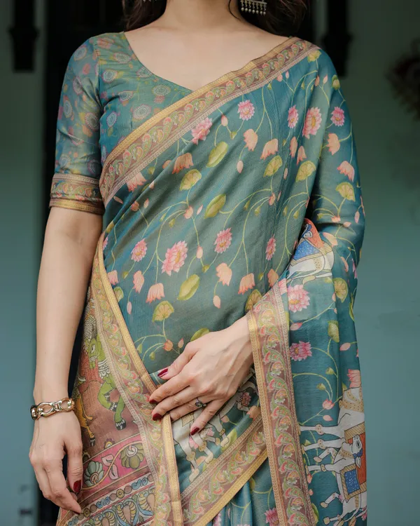 Divine_Procession_Teal_Green_Handloom_Cotton_Saree_with_Lotus_Floral_Print_&_Artistic_Pallu