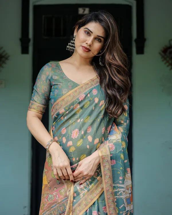 Divine_Procession_Teal_Green_Handloom_Cotton_Saree_with_Lotus_Floral_Print_&_Artistic_Pallu
