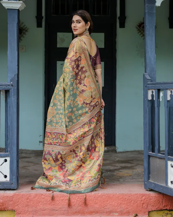 Sage_Green_&_Maroon_Handloom_Cotton_Saree_with_Mythical_Tribal_Art_and_Floral_Motifs