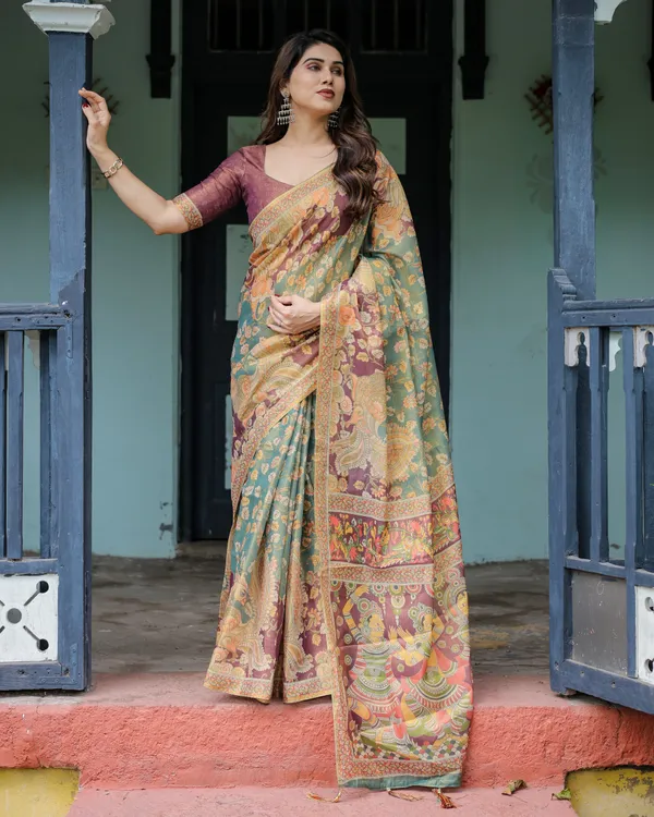 Sage_Green_&_Maroon_Handloom_Cotton_Saree_with_Mythical_Tribal_Art_and_Floral_Motifs