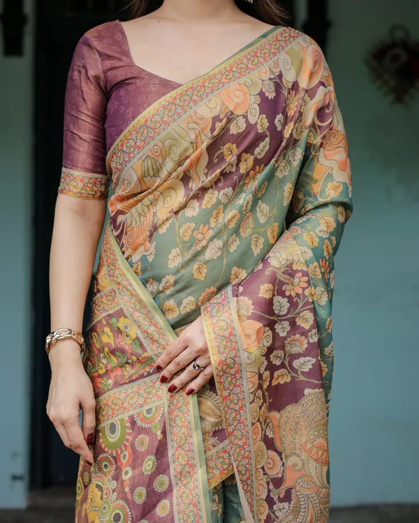 Sage_Green_&_Maroon_Handloom_Cotton_Saree_with_Mythical_Tribal_Art_and_Floral_Motifs