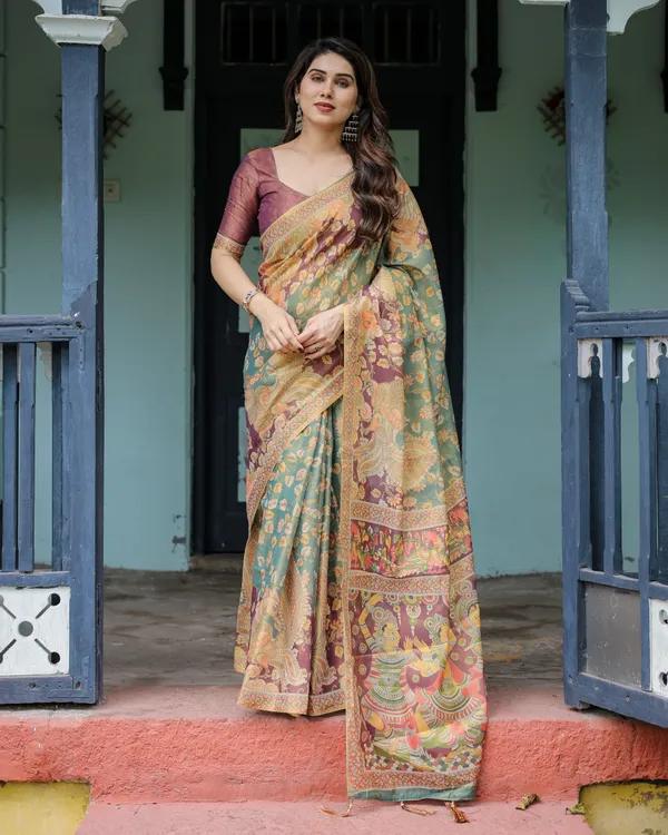 Sage_Green_&_Maroon_Handloom_Cotton_Saree_with_Mythical_Tribal_Art_and_Floral_Motifs
