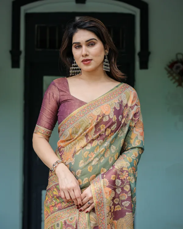 Sage_Green_&_Maroon_Handloom_Cotton_Saree_with_Mythical_Tribal_Art_and_Floral_Motifs
