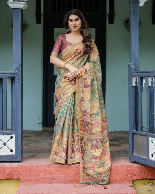 Sage_Green_&_Maroon_Handloom_Cotton_Saree_with_Mythical_Tribal_Art_and_Floral_Motifs