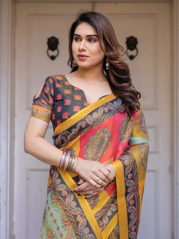 Mustard_Yellow_Multicolor_Panel_Printed_Handloom_Cotton_Saree_with_Mandala_Pallu,_Ornamental_Border_&_Tassels_–_Traditional_Festive_Wear