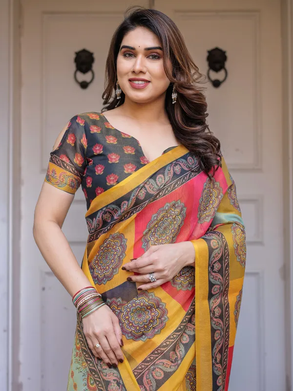 Mustard_Yellow_Multicolor_Panel_Printed_Handloom_Cotton_Saree_with_Mandala_Pallu,_Ornamental_Border_&_Tassels_–_Traditional_Festive_Wear