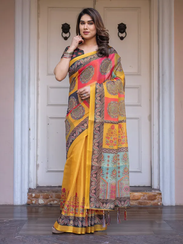 Mustard_Yellow_Multicolor_Panel_Printed_Handloom_Cotton_Saree_with_Mandala_Pallu,_Ornamental_Border_&_Tassels_–_Traditional_Festive_Wear