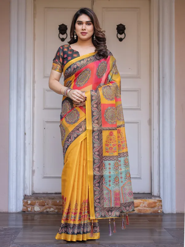 Mustard_Yellow_Multicolor_Panel_Printed_Handloom_Cotton_Saree_with_Mandala_Pallu,_Ornamental_Border_&_Tassels_–_Traditional_Festive_Wear