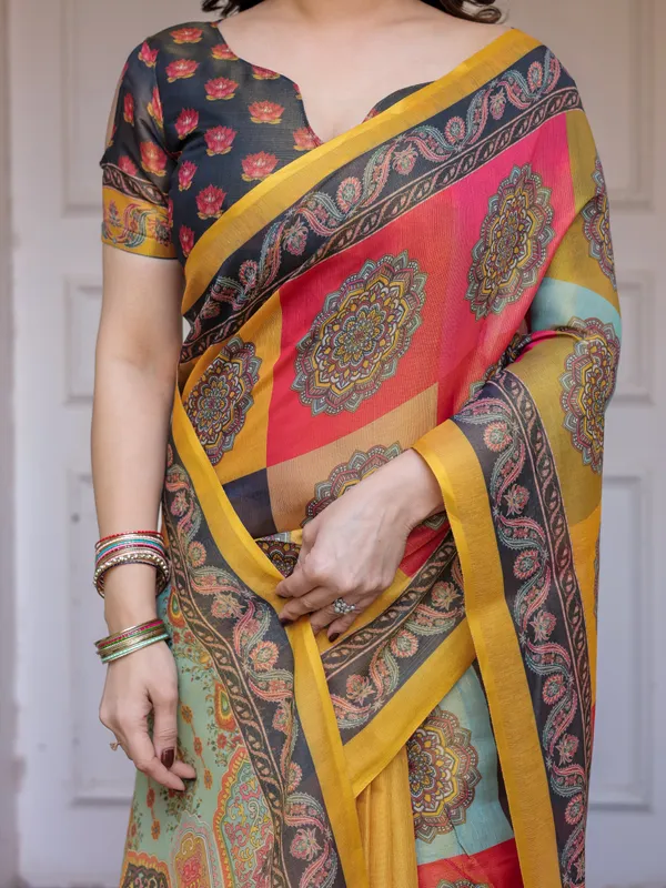 Mustard_Yellow_Multicolor_Panel_Printed_Handloom_Cotton_Saree_with_Mandala_Pallu,_Ornamental_Border_&_Tassels_–_Traditional_Festive_Wear