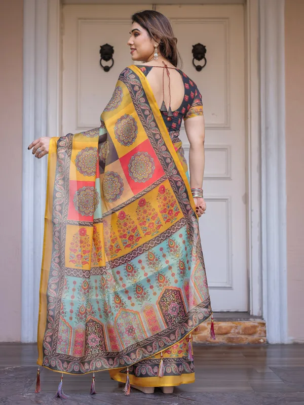 Mustard_Yellow_Multicolor_Panel_Printed_Handloom_Cotton_Saree_with_Mandala_Pallu,_Ornamental_Border_&_Tassels_–_Traditional_Festive_Wear
