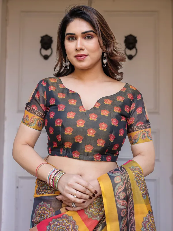Mustard_Yellow_Multicolor_Panel_Printed_Handloom_Cotton_Saree_with_Mandala_Pallu,_Ornamental_Border_&_Tassels_–_Traditional_Festive_Wear