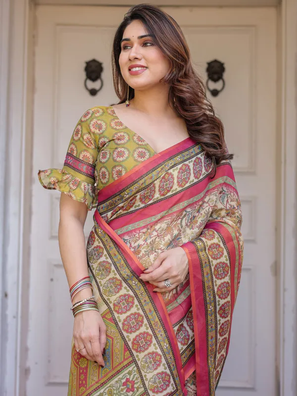 Cream_&_Pink_Cotton_Handloom_Floral_Printed_Saree_For_Women