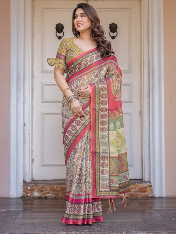 Cream_&_Pink_Cotton_Handloom_Floral_Printed_Saree_For_Women