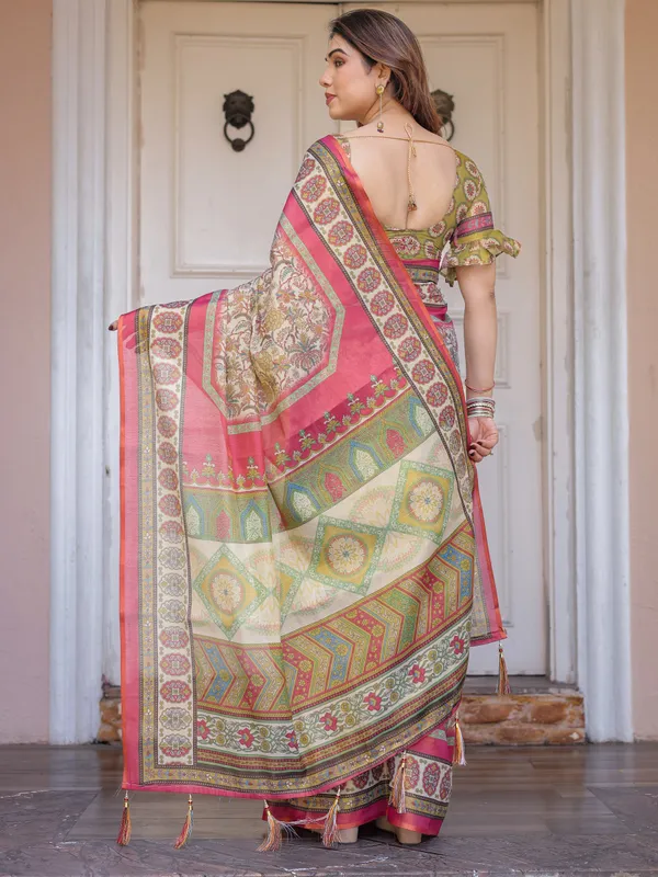 Cream_&_Pink_Cotton_Handloom_Floral_Printed_Saree_For_Women