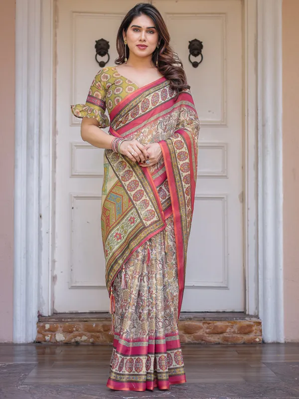 Cream_&_Pink_Cotton_Handloom_Floral_Printed_Saree_For_Women