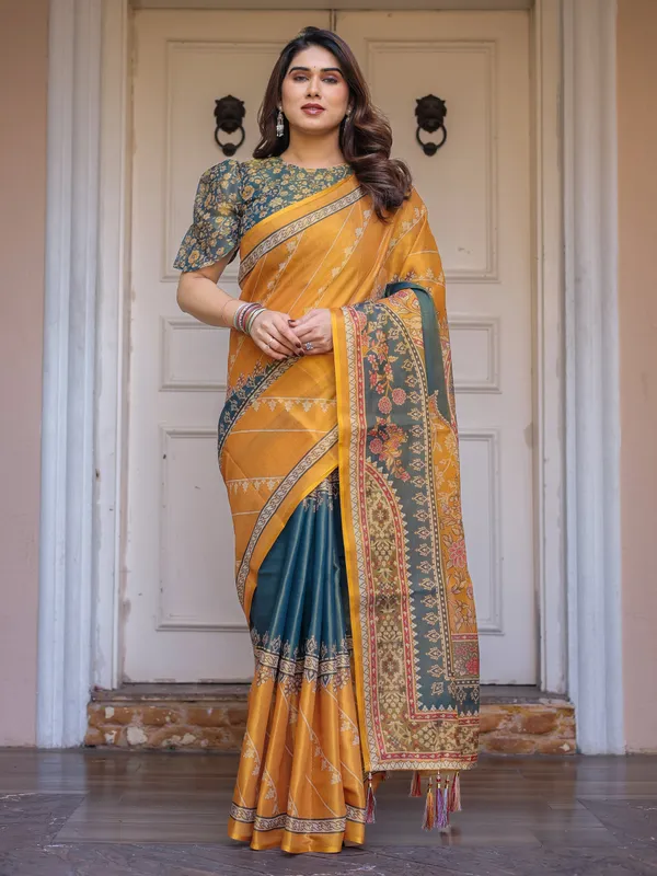 Mustard_Yellow_&_Teal_Green_Floral_Panel_Printed_Handloom_Cotton_Saree_with_Heritage_Border_&_Tassels_–_Festive_Traditional_Wear