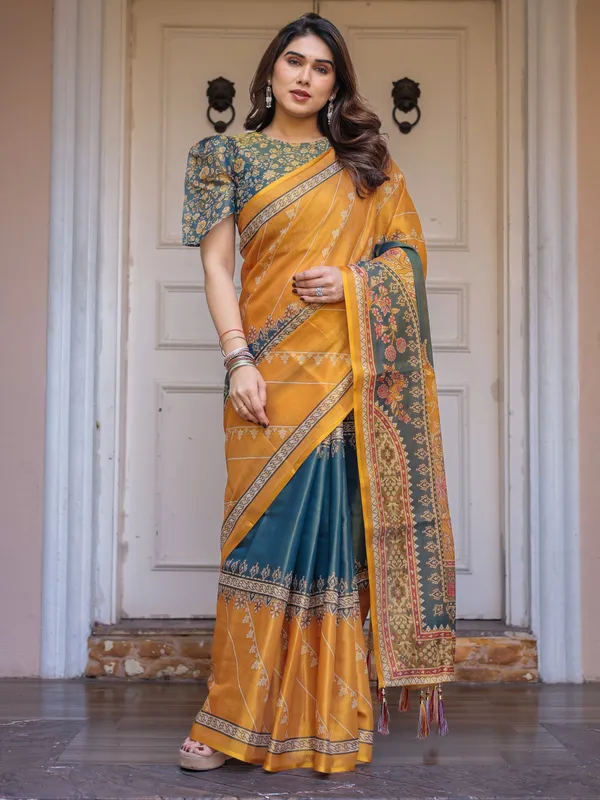 Mustard_Yellow_&_Teal_Green_Floral_Panel_Printed_Handloom_Cotton_Saree_with_Heritage_Border_&_Tassels_–_Festive_Traditional_Wear