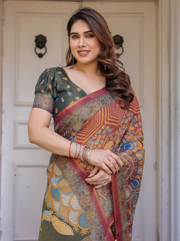 Rust_Maroon_&_Olive_Artistic_Peacock_Printed_Handloom_Cotton_Saree_with_Heritage_Border_&_Tassels_–_Festive_Ethnic_Wear