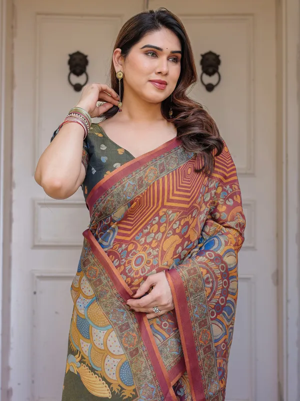 Rust_Maroon_&_Olive_Artistic_Peacock_Printed_Handloom_Cotton_Saree_with_Heritage_Border_&_Tassels_–_Festive_Ethnic_Wear